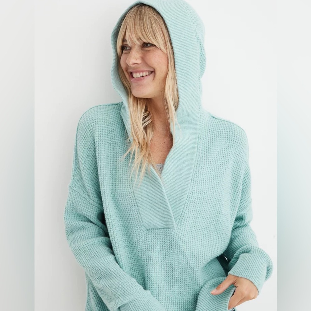 AERIE CozyUp Waffle Knit Sweater Hoodie in Mint Size XS